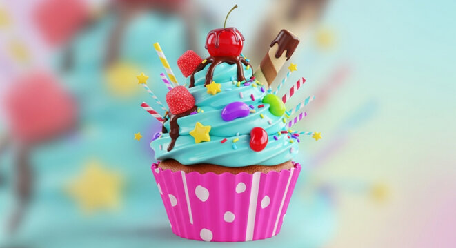 Vibrant 3D Cupcake Exploding with Candies and Toppings, Isolated on Light Bokeh Background
