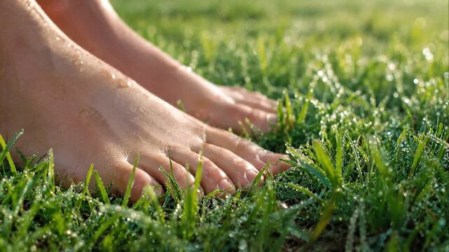 Barefoot foot grass dew morning outdoors wellness nature bare feet dewy grass morning freshness grounding peaceful relaxation wet lawn with gentle