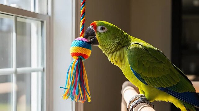 A green parrot plays with a colorful toy near a window.