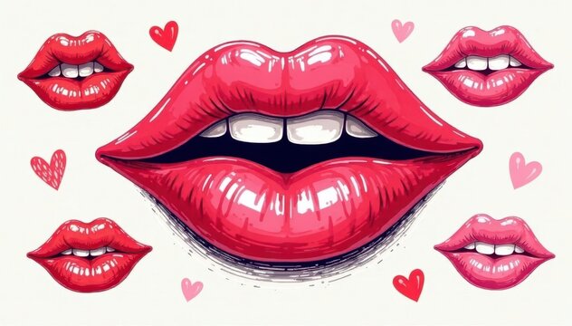Bold red & soft pink lip doodles, playful & expressive forms , pink shades, cosmetics, close-up view