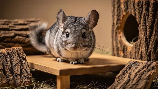 A fluffy chinchilla sits on a wooden platform with natural elements.