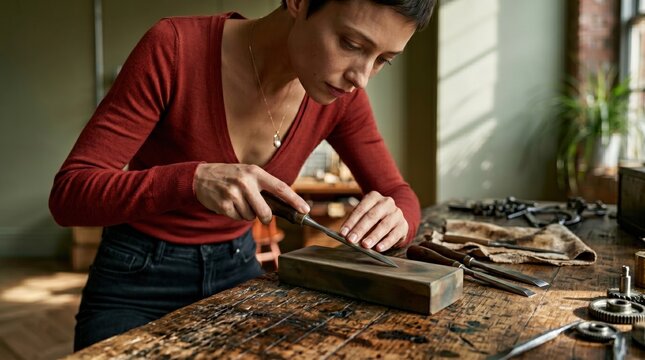 Artisan woman sharpening chisel tool on stone in studio
