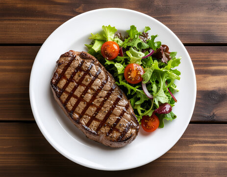 A beautifully presented grilled steak sits alongside a vibrant salad on a white plate, showcasing a delicious and healthy meal against a rustic wooden background.