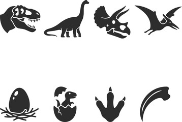 Set of dinosaur icons including trex, sauropod, triceratops, pterodactyl, and eggs © sefatahmed