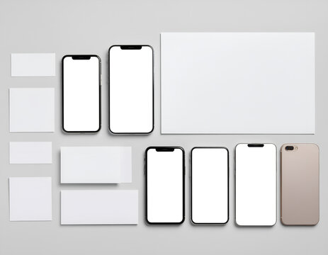 A clean and minimalist mockup showcases various stationery items and smartphones arranged on a light gray background, ideal for branding and design presentations.
