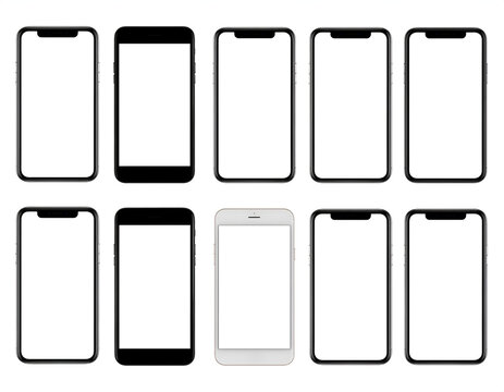 A collection of blank smartphone mockups in various colors and orientations are displayed against a clean white background, showcasing their sleek designs.