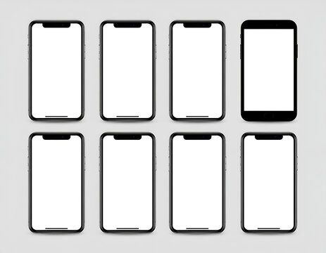 A grid of eight blank smartphone screens arranged on a light gray background, showcasing a clean and modern aesthetic for digital design mockups.