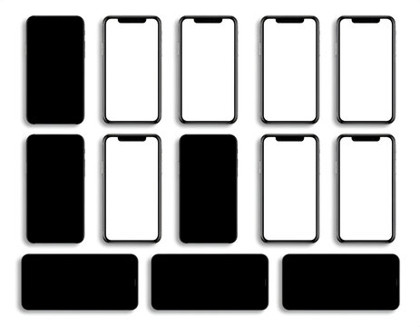 A collection of smartphones displayed in various orientations and screen states, showcasing both black and white screens against a clean white background.
