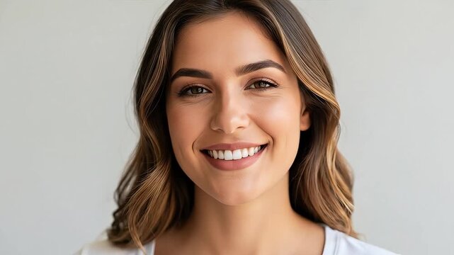 A close-up portrait of a smiling woman with dark wavy hair and brown eyes.