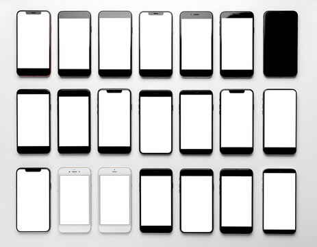 A collection of various smartphones arranged in a grid pattern against a clean white background, showcasing different screen colors and bezel designs.