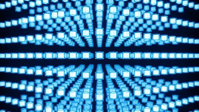 透明な空間で発光する結晶ブロックにカメラが急接近する物理シミュレーションCG