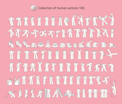 Minimal white character collection featuring 100 human actions, gestures, emotions, work activities, communication, and daily life poses.