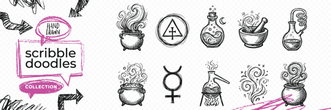 Black solid silhouette doodle vector set of witchcraft magic tools crystal balls potions and occult elements
