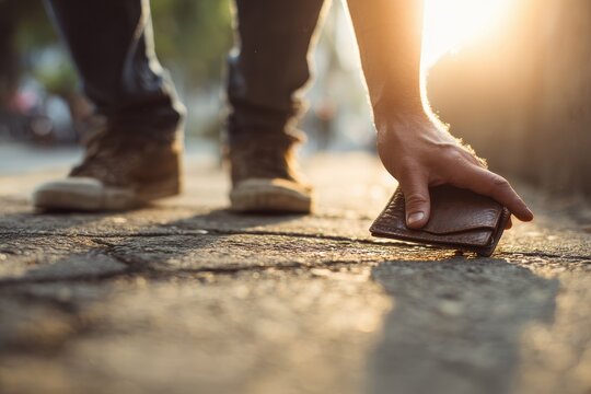 Close-up of a man picking up a lost wallet on an outdoor sidewalk with space for text