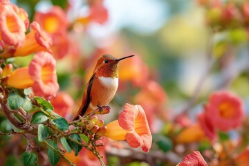 Obraz premium Close-up of a small hummingbird sipping nectar from trumpet vine blossoms on a hot day