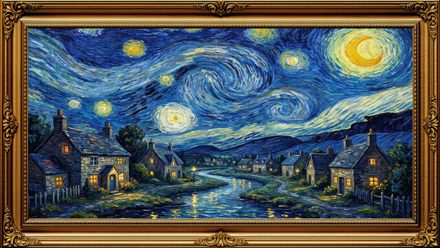 Starry Night Inspired Post-Impressionist Oil Painting of a Sleepy Village by a River