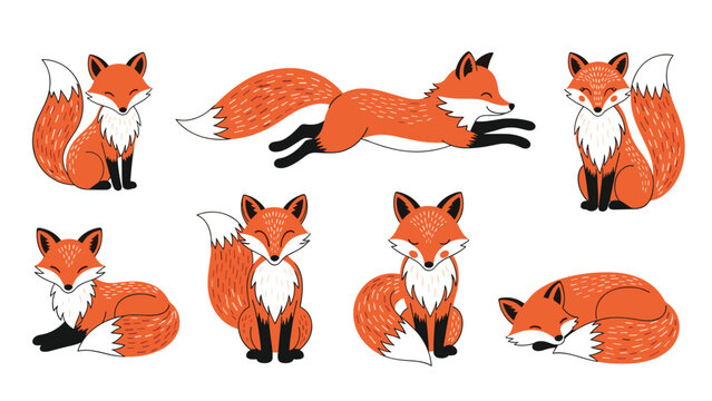 Set of hand drawn cute red foxes in various poses including sitting jumping sleeping and standing on white background.