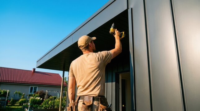 Construction worker installing metal siding on a modern house
