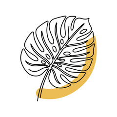 Naklejka premium モンステラの葉を描いたミニマルな線画と抽象的な黄色の背景デザイン.