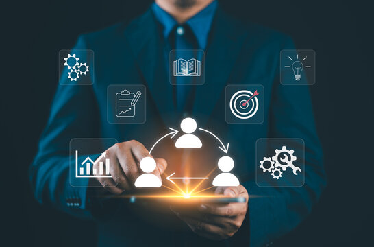 Change management strategy concept with business professional presenting digital team interface, organizational transformation process, leadership alignment and workforce transition planning