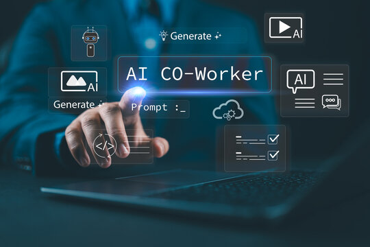 AI co worker interface on laptop with digital generate prompt chat automation and analytics icons representing human and artificial intelligence collaboration for modern business workflow