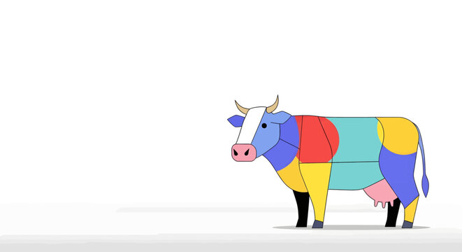 A colorful, stylized graphic illustration of a cow with its body divided into different colored sections, resembling a diagram of meat cuts.