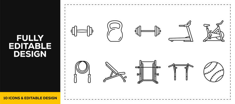 flat vector illustration line art icon bundle set design displaying gym weights fitness equipment dumbbell kettlebell jump rope pull up bar strength training workout app
