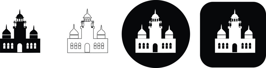 Four of a coastal building with domes in black and white, solid, outlined, circular, and square button variations © SilhouetteStore
