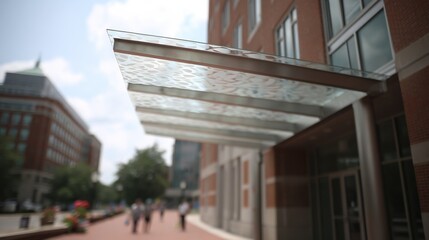 Obraz premium Medium shot of solar panels casting shade on hospital entrance during sunny weather infocus canopy with gentle bokeh of patients and facility in background.