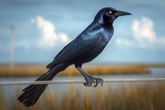 Coastal wildlife portrait: great-tailed grackle on a wire in Texas