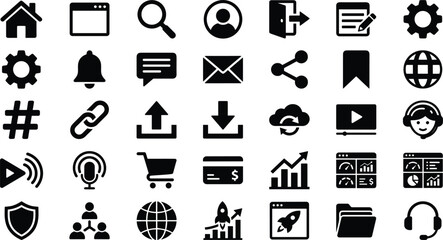 Web UI and social media solid black glyph icon set featuring home search profile upload download settings shopping cart and internet business communication vector illustrations. © Salamun