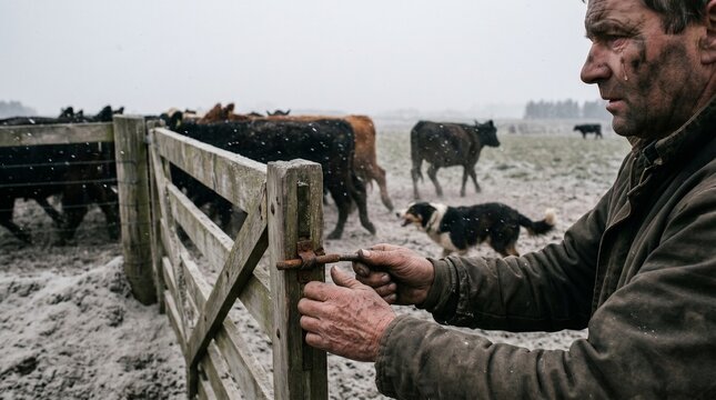 Knee-Level View of Weathered Farmer Fumbling Cattle Gate During Volcanic Ash Eruption

