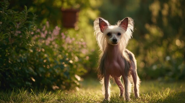 Curious Chinese Crested dog posed outdoors with tufted ears and crest in natural light