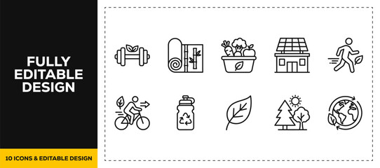 flat vector illustration line art icon bundle set design showing outdoor sports fitness camping bicycle running hiking tent nature activity healthy lifestyle exercise ui © SQUISH