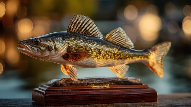 Detailed close-up of a walleye trophy on a warm wood plaque with rich textures