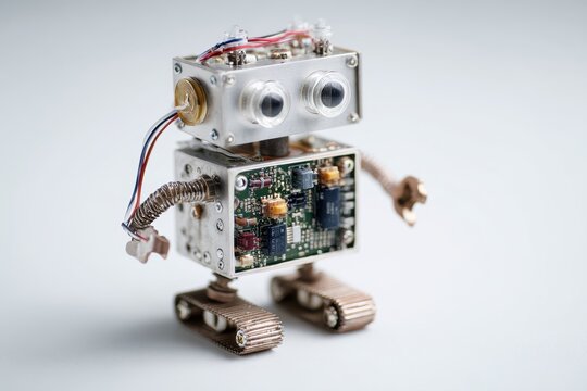 DIY robotics project featuring a small hand-built robot on a clean white backdrop, ideal for STEAM education and maker activities