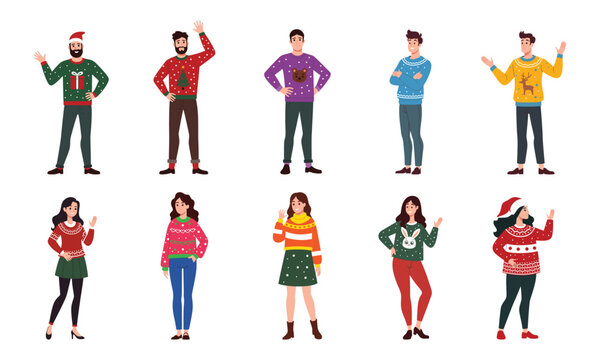 Men and women wearing christmas ugly sweater vector illustration set
