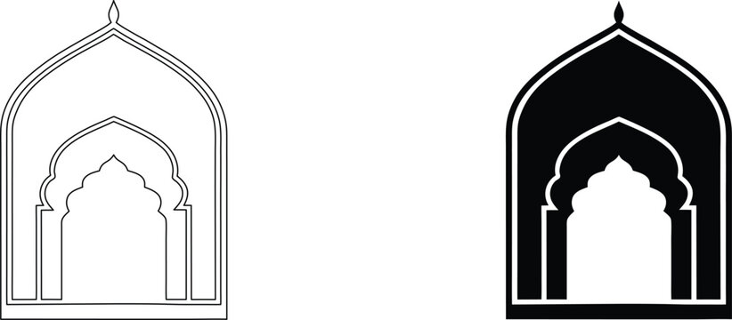 Islamic arch with inner pattern outline icon or black silhouette vector illustration, traditional window frame.