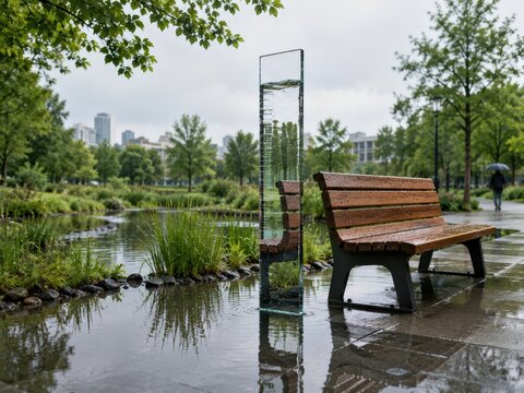 Floodable Park Bench Reflection as Stormwater Gauge