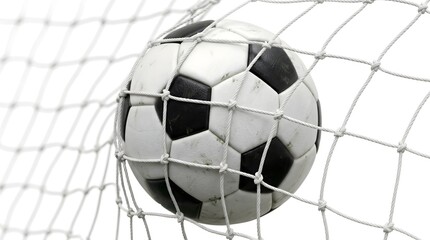 Naklejka premium Soccer ball in goal net, football in mesh, black and white ball, goal scored