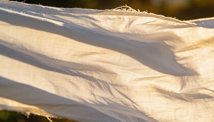 Fototapeta premium Billowing warm backlit white sheet hanging on thin rope in garden, showing weave and frayed edge
