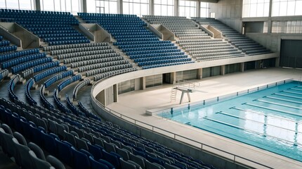 Fototapeta premium Indoor swimming pool, empty stadium seating, aquatic facility, sports arena