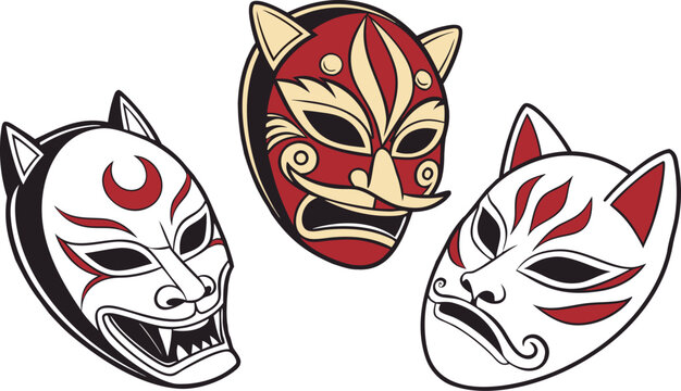 Japanese Kitsune and Oni mask vector set, traditional fox and demon theater masks, red and white oriental folklore face covers for festivals