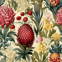 Obraz premium Colorful botanical illustration featuring pineapple seamless pattern 