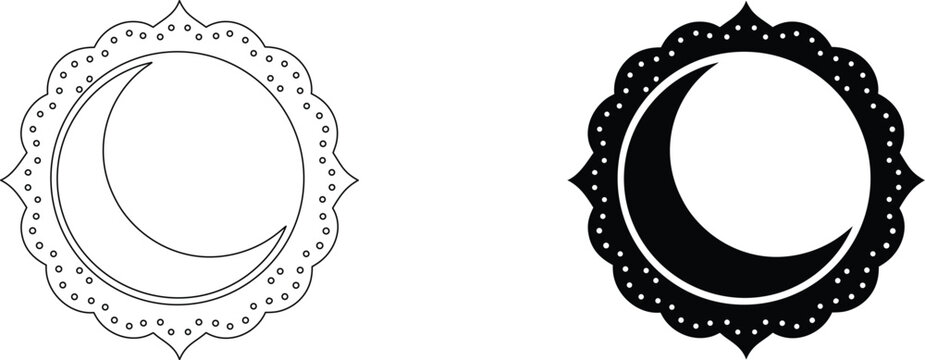 Islamic crescent moon in ornate frame with dotted border, vector illustration for Ramadan and Eid celebrations.