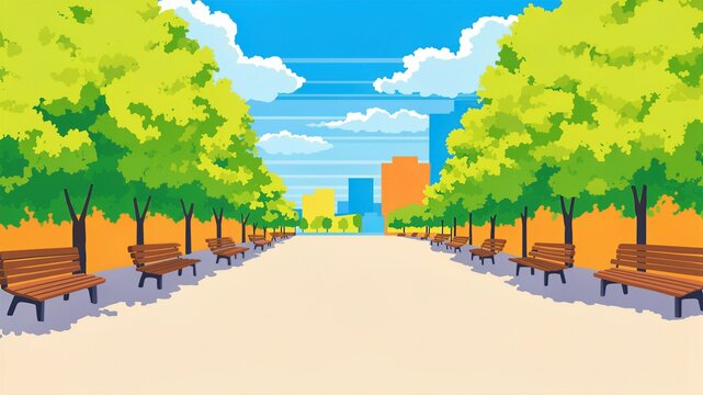 City Boulevard With Benches And Green Trees