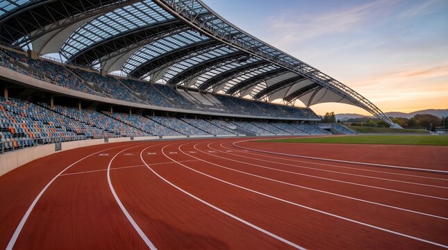 empty running track, athletic stadium, sports arena, red track