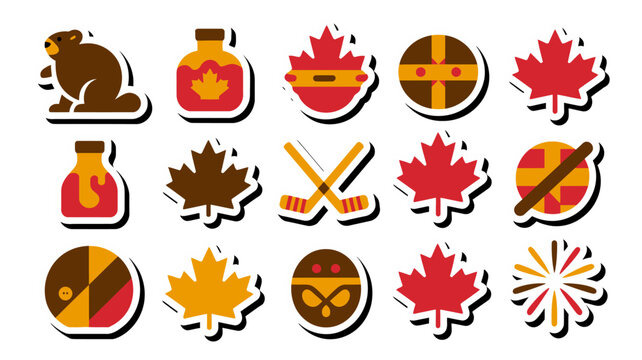 Happy Canada Day vector sticker pack with flat cartoon beaver icons maple leaf syrup bottles and hockey elements