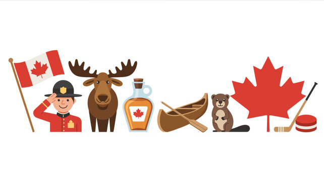 Canadian culture traditional symbols element bundle with cartoon moose beaver mountie flag canoe and hockey gear on white background