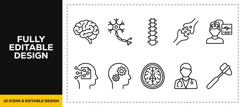 flat vector illustration line art icon bundle set design depicting brain neurology mental activity mind idea creativity intelligence thinking psychology head human logic